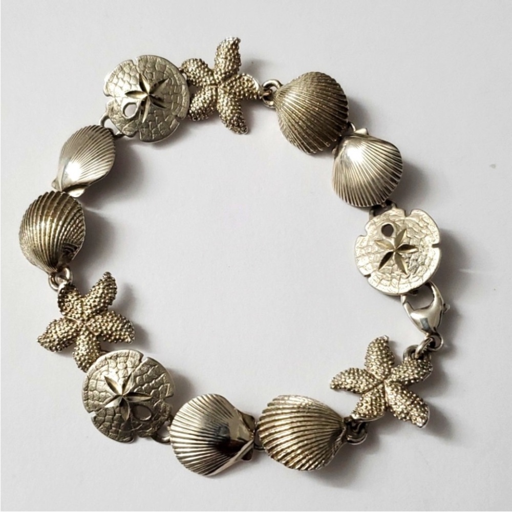 Vintage Silver Stamped 925 Seashell and Starfish Bracelet